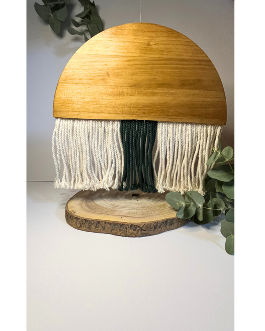 Half Circle Wooden Macramé Wall Hanging – White & Olive Green